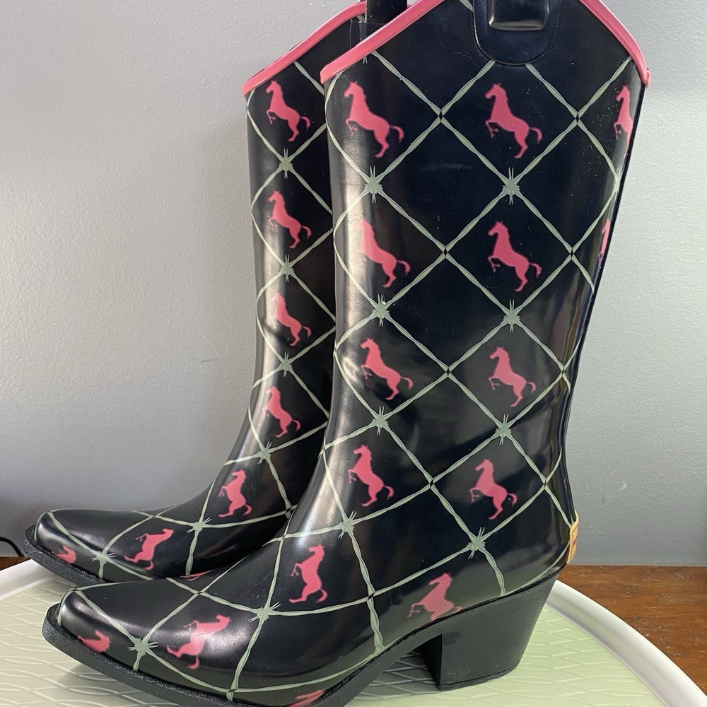 Bit & Bridle Black Rain Boots with Pink Horse Pattern